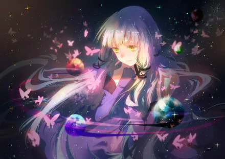HD anime desktop wallpaper featuring Stardust from Vocaloid, surrounded by glowing butterflies and cosmic elements in a vibrant, ethereal scene.