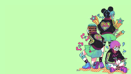 HD anime desktop wallpaper featuring Foo Fighters, Ermes Costello, and Jolyne Cujoh from Jojo's Bizarre Adventure against a light green background.