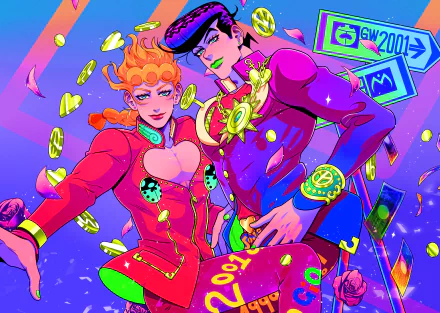 HD PC desktop wallpaper featuring Giorno Giovanna and Josuke Higashikata from the anime Jojo's Bizarre Adventure, with vibrant colors and dynamic poses.