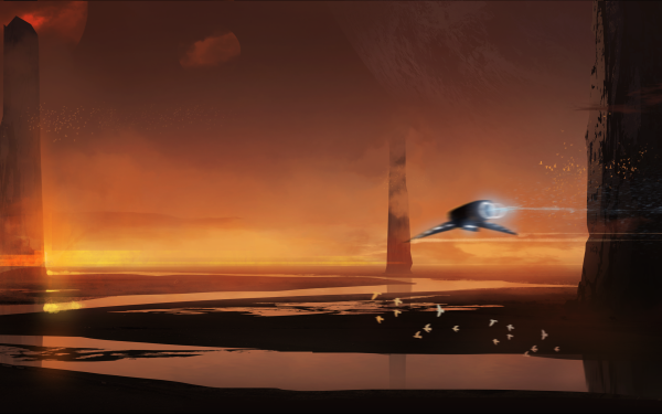 Sci Fi Landscape River Reflection Vehicle Horizon HD Wallpaper | Background Image