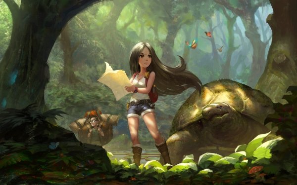 Fantasy Women Long Hair Forest Turtle Shorts Exploration Black Hair HD Wallpaper | Background Image