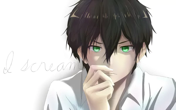 HD desktop wallpaper of Hōtarō Oreki from the anime Hyouka, featuring him with piercing green eyes and dark hair, dressed in a white shirt, with the words I scream written in the background.