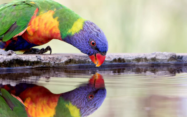 A vibrant rainbow lorikeet bird drinks from water, its colorful feathers mirrored in the still surface, creating a striking reflection in this HD desktop wallpaper.