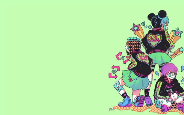 HD anime desktop wallpaper featuring Foo Fighters, Ermes Costello, and Jolyne Cujoh from Jojo's Bizarre Adventure against a light green background.