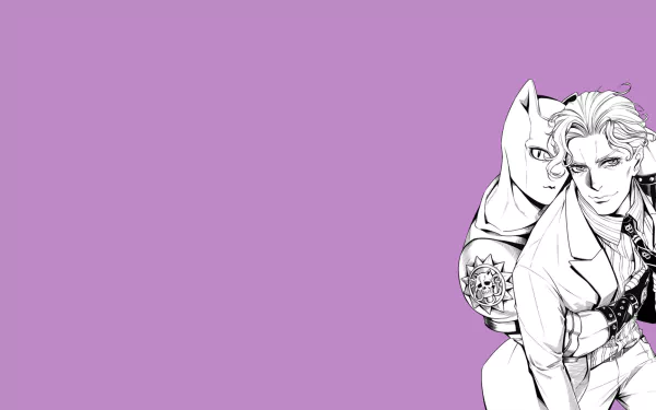 HD PC wallpaper of Kira Yoshikage and his Stand Killer Queen in black-and-white against a solid purple backdrop — JoJo's Bizarre Adventure anime.