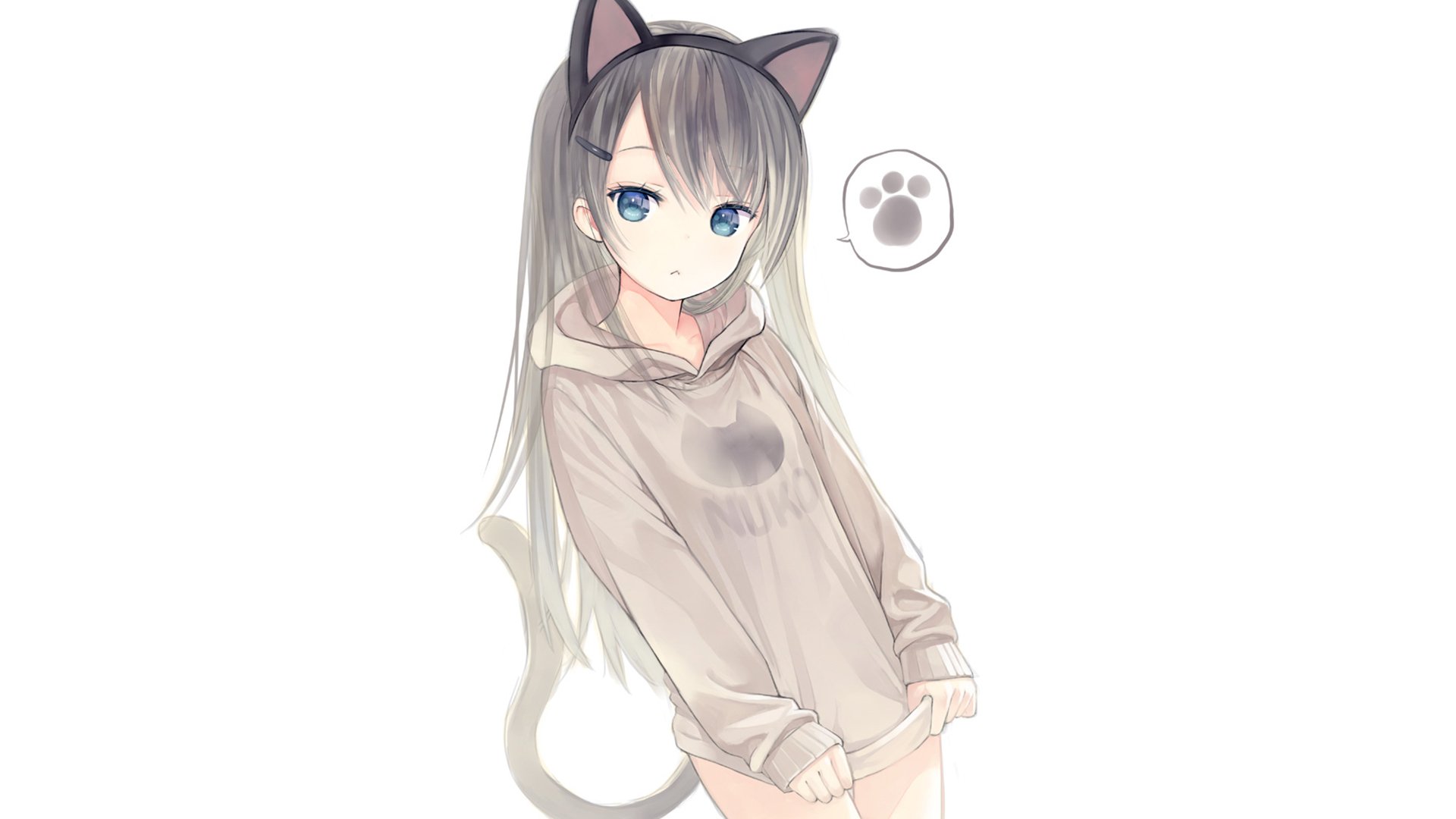 Anime-style original HD PC desktop wallpaper featuring a girl with cat ears, long hair, and a paw-print hoodie on a minimalist white background.