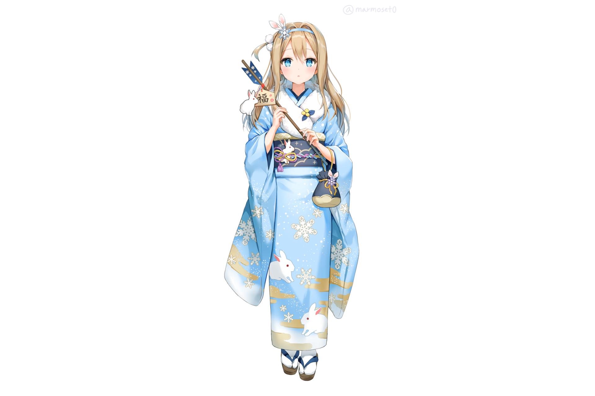 HD PC desktop wallpaper featuring Suomi from the video game Girls Frontline, dressed in a traditional blue kimono with golden patterns and holding a bow.