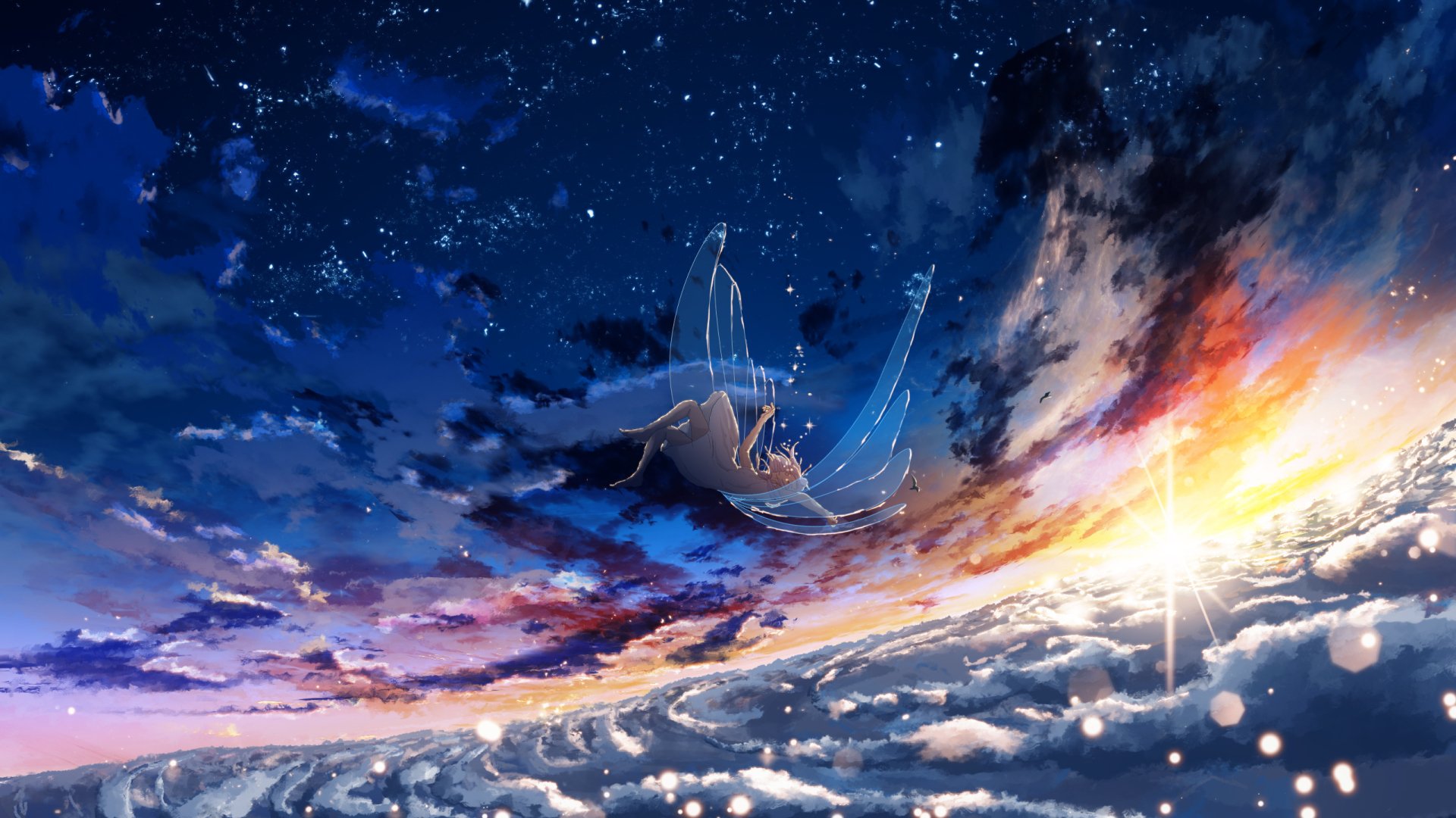 HD desktop wallpaper featuring an original anime artwork of a serene night sky transitioning into dawn, with a celestial figure soaring amidst the stars and clouds.