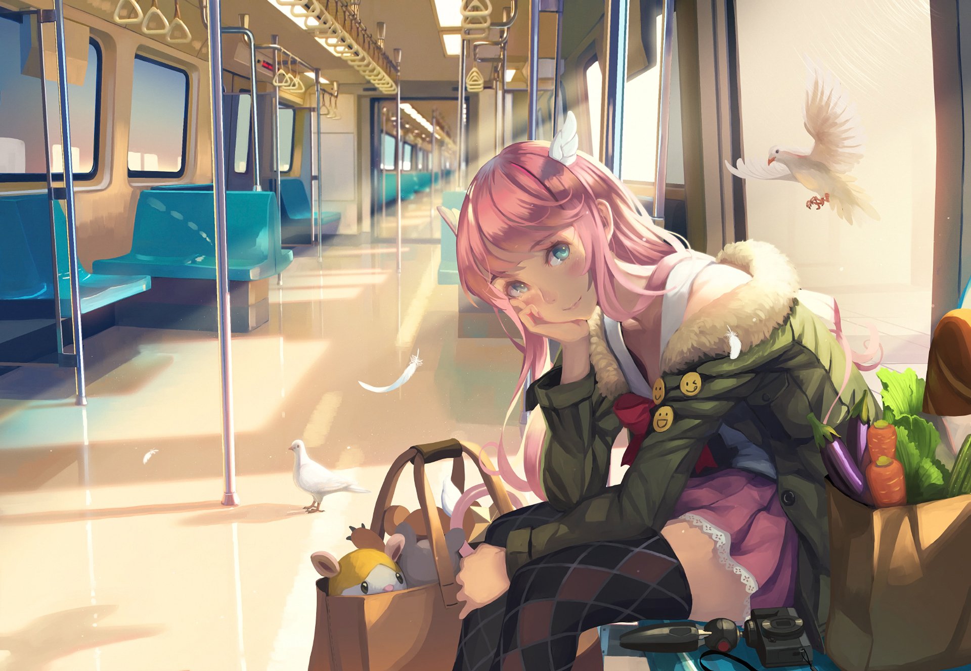Anime-style girl with pink hair sits inside a sunlit train, surrounded by birds including a white dove in flight, creating a serene HD desktop wallpaper scene.