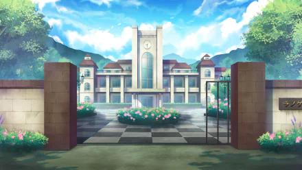 HD anime-style original desktop wallpaper featuring a grand school building with a clock tower, surrounded by greenery and a bright blue sky.