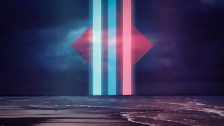 HD artistic PC desktop wallpaper featuring a neon cyan and purple geometric design above a dark beach coastline under a moody sky.