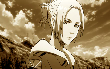 HD desktop wallpaper featuring Annie Leonhart from the anime Attack on Titan. She is seen with a calm expression against a mountainous background under a partly cloudy sky.
