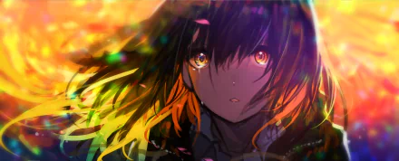 An anime character with dark hair and vibrant, glowing eyes appears tearful against a colorful, blurred background. This HD desktop wallpaper evokes strong emotions and vivid artistic expressions.