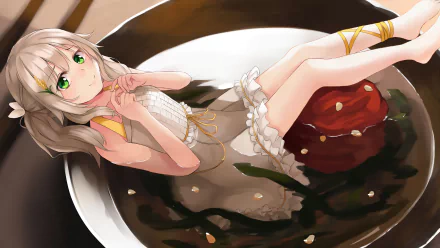 A captivating original anime artwork featuring a character playfully sitting in a bowl, surrounded by greens and petals, designed as an HD PC desktop wallpaper and background.