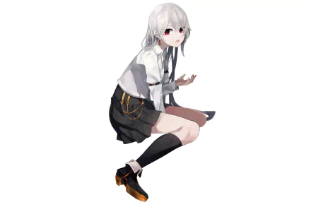 Anime, Original: white-haired, red-eyed anime girl in a school-style outfit kneeling on a white background — 2K Quad HD PC desktop wallpaper and background.