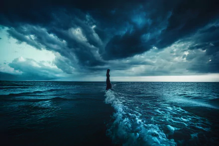 A woman stands at the ocean's edge under a dramatic dark blue sky with clouds over the horizon, captured in HD photography for a striking desktop wallpaper.