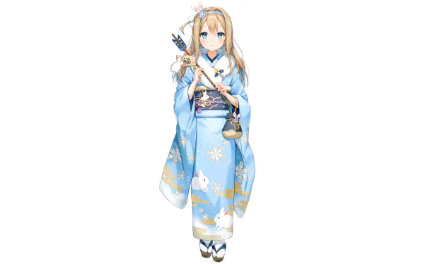 HD PC desktop wallpaper featuring Suomi from the video game Girls Frontline, dressed in a traditional blue kimono with golden patterns and holding a bow.