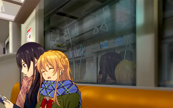 HD wallpaper of Citrus anime featuring characters Mei Aihara and Yuzu Aihara sitting together on a train.