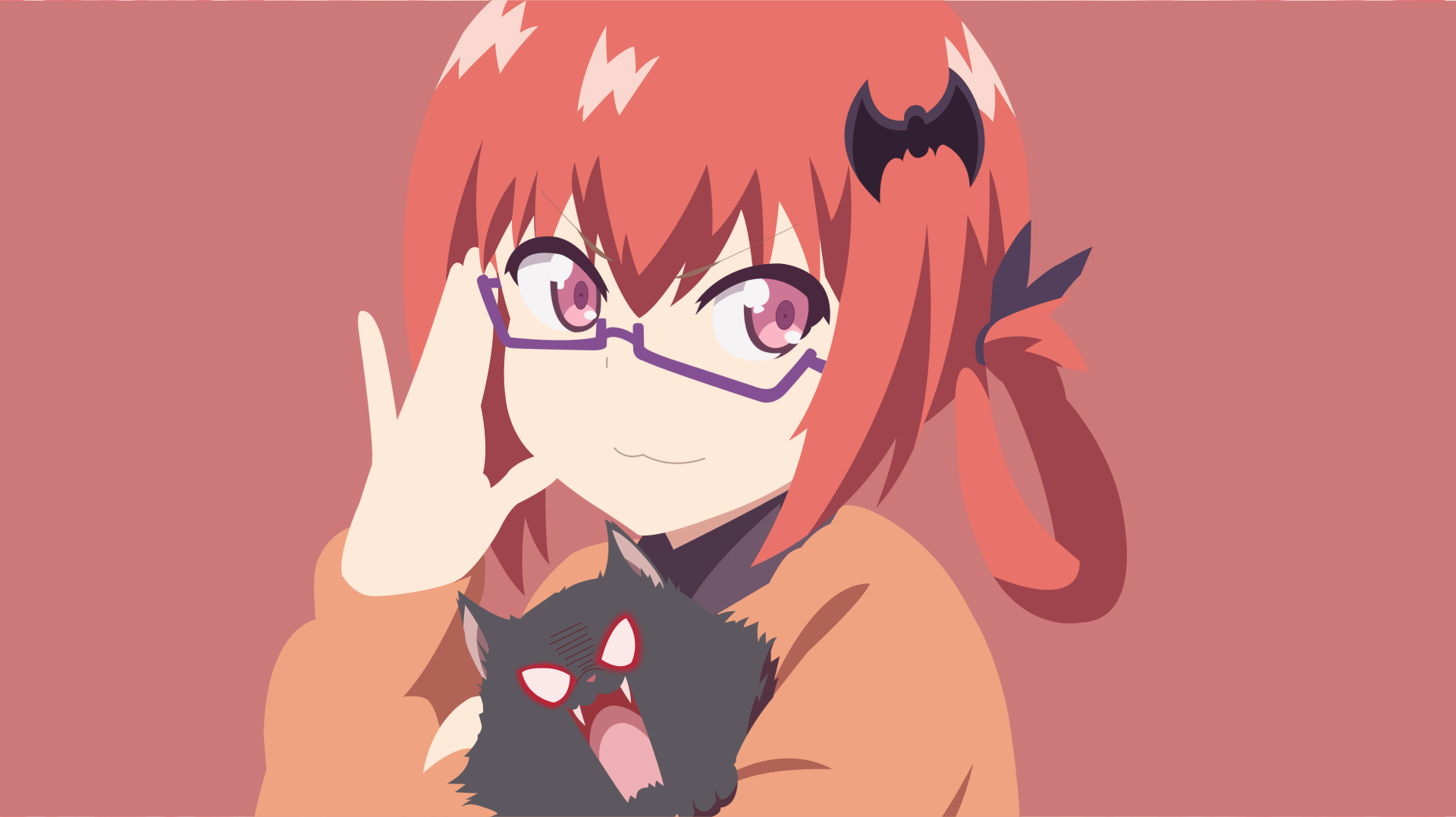 HD minimalist wallpaper of Satanichia Kurumizawa McDowell from the anime Gabriel DropOut, wearing glasses and holding a cute, angry-looking animal. The background is a soft pink shade.
