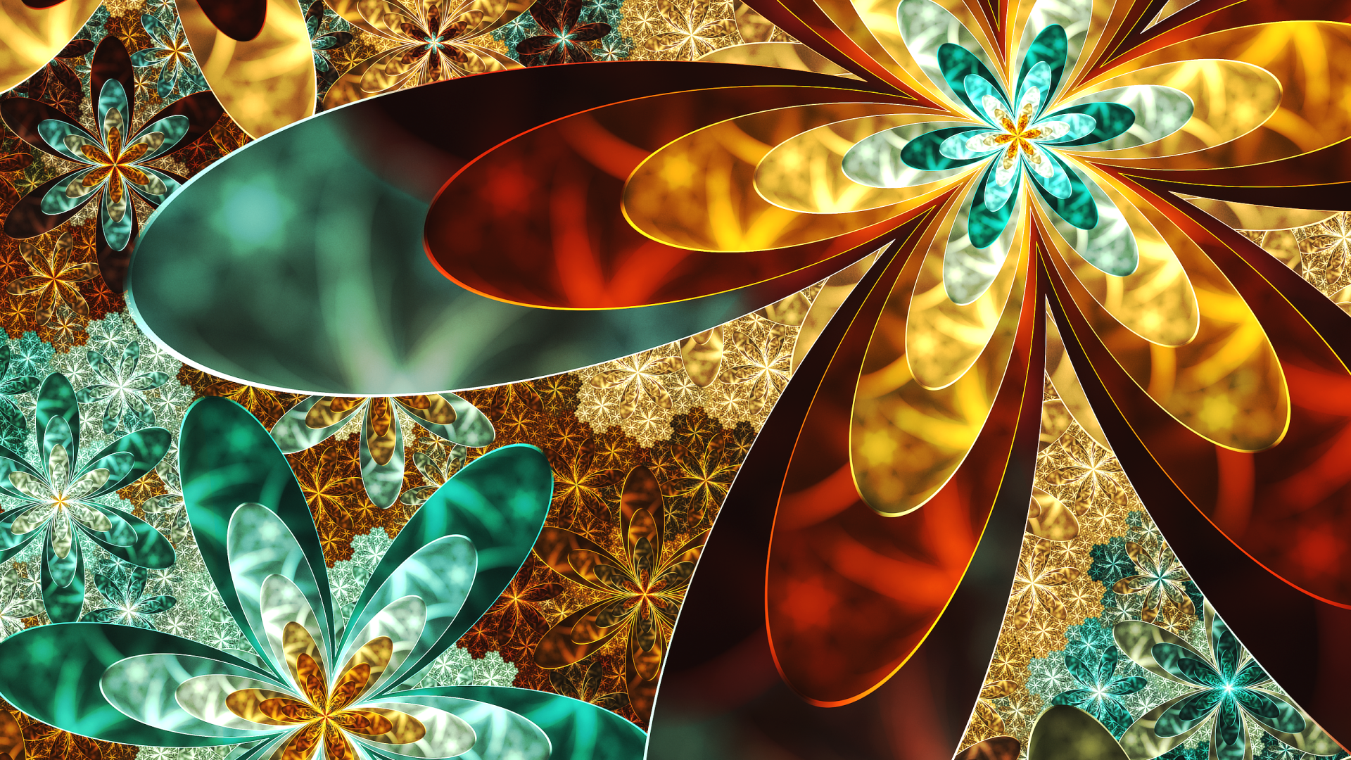 Vibrant HD fractal artwork featuring abstract, multicolored flowers with intricate patterns, designed as a dynamic PC desktop wallpaper and background.
