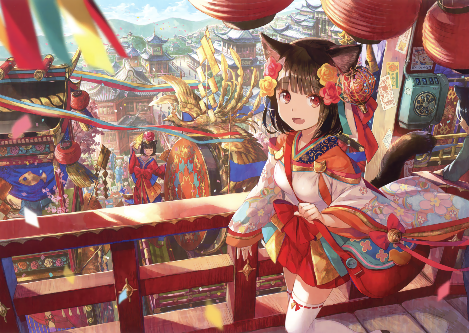HD anime wallpaper showcasing a colorful festival scene with a girl in traditional attire on a balcony, decorated with flowers and cat ears, against a vibrant backdrop of festive decorations and a lively crowd.