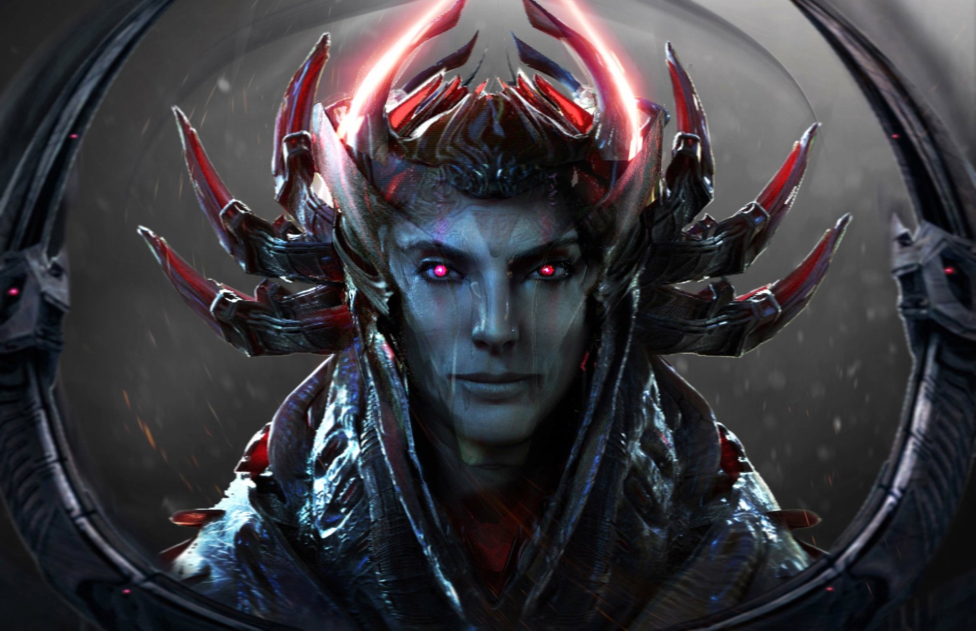 4K Ultra HD Sci-Fi desktop wallpaper featuring a menacing alien with glowing red eyes and an intricate, horned headpiece framing the face.