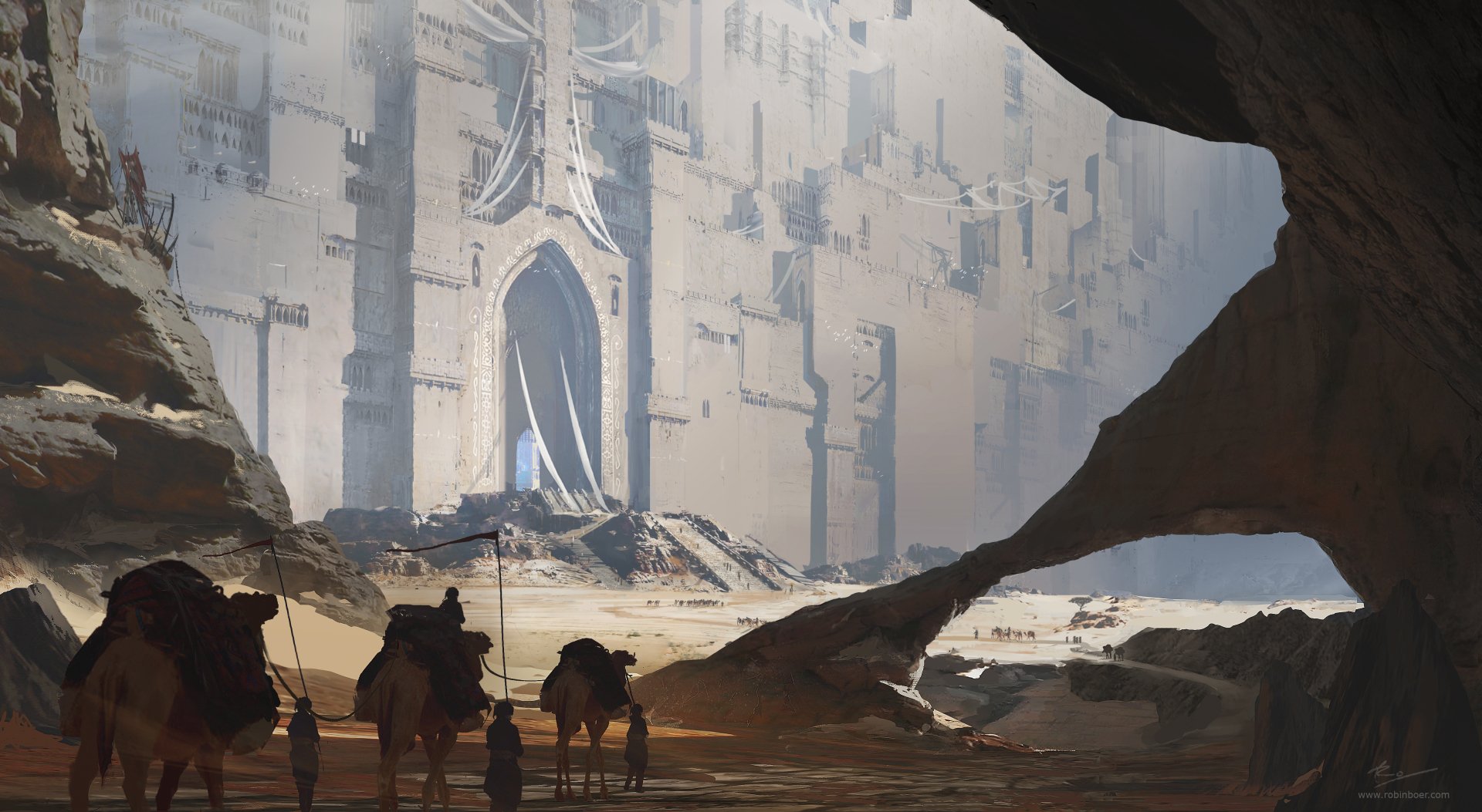 A 4K Ultra HD fantasy landscape wallpaper depicting people with camels in a vast desert, approaching a colossal ancient structure partially shrouded by shadows.