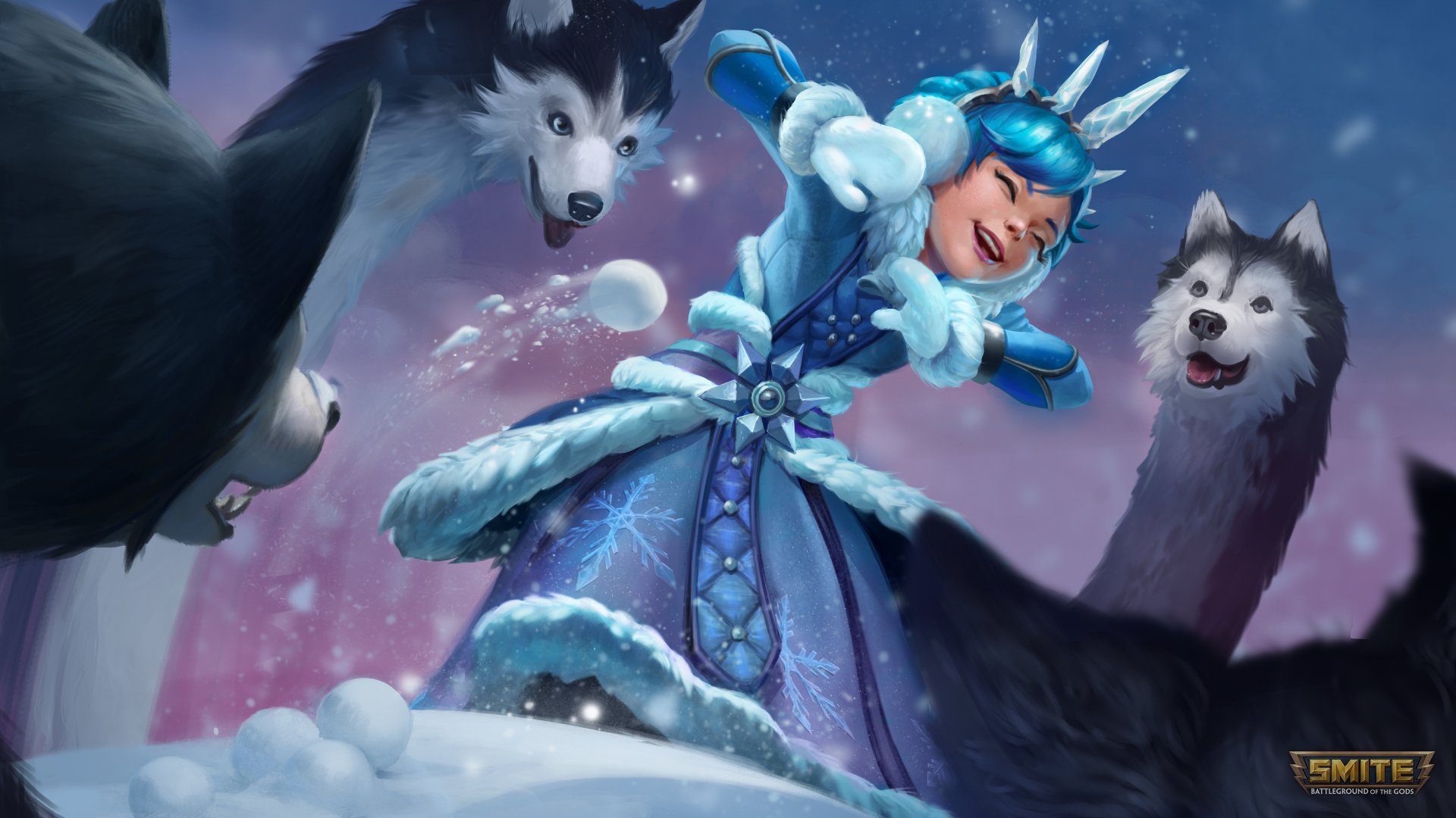 Cila from the video game Smite in a 4K Ultra HD PC wallpaper, dressed in icy blue attire, playfully surrounded by wolves in a snowy landscape.