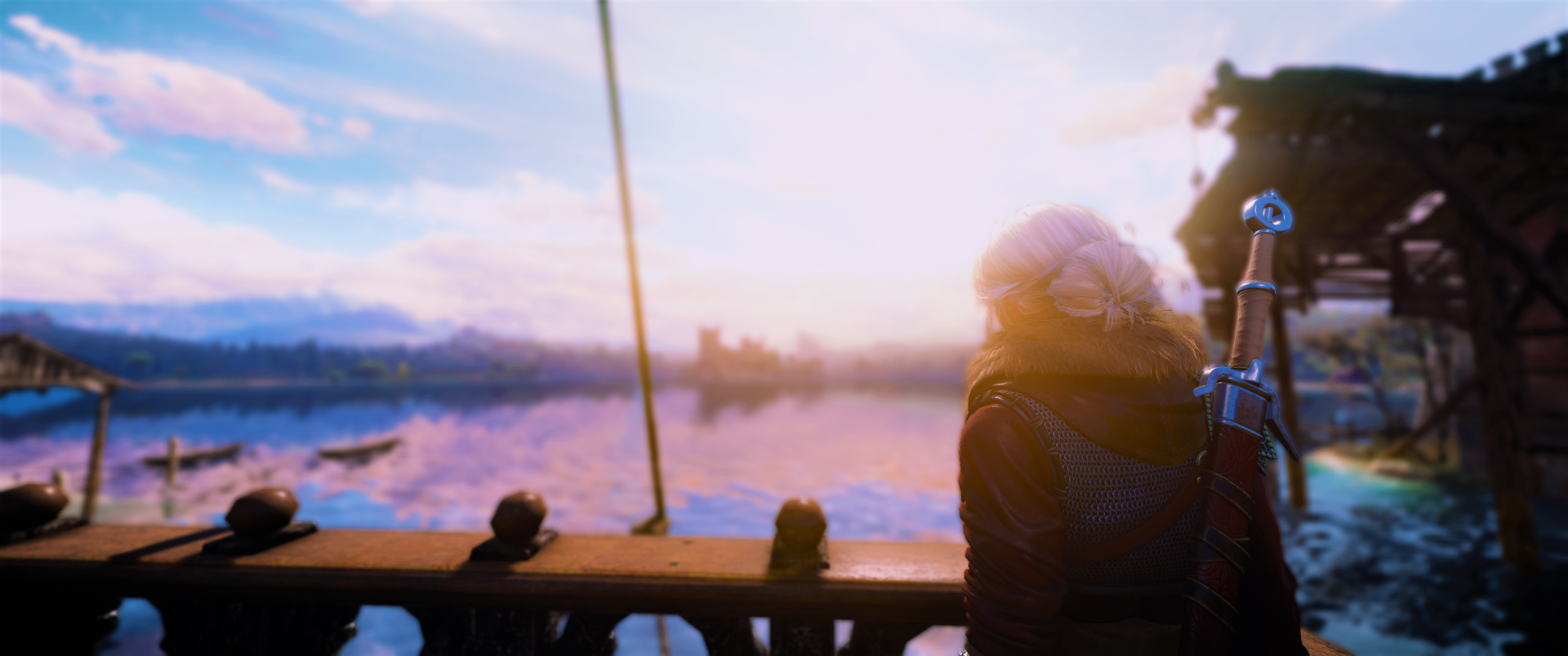 HD PC desktop wallpaper from the fantasy video game The Witcher 3: Wild Hunt - Blood and Wine, featuring a character overlooking a serene waterfront at sunset.