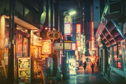 Vibrant neon-lit street scene in Tokyo at night, showcasing Japan's bustling cityscape with colorful signs and illuminated pathways in an HD man-made urban setting.