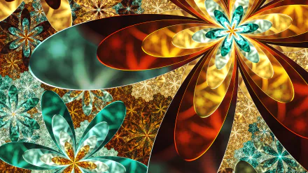 Vibrant HD fractal artwork featuring abstract, multicolored flowers with intricate patterns, designed as a dynamic PC desktop wallpaper and background.
