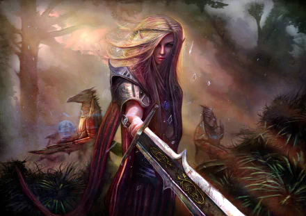 HD fantasy desktop wallpaper featuring a blonde elf woman warrior with pointed ears wielding a sword in a mystical forest.