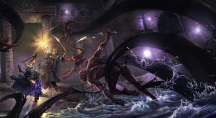 A fantasy warrior sorcerer wields a sword, battling dark creatures in a stormy, magical underground setting. HD PC desktop wallpaper with intense action and mystical elements.