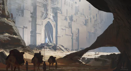 A 4K Ultra HD fantasy landscape wallpaper depicting people with camels in a vast desert, approaching a colossal ancient structure partially shrouded by shadows.