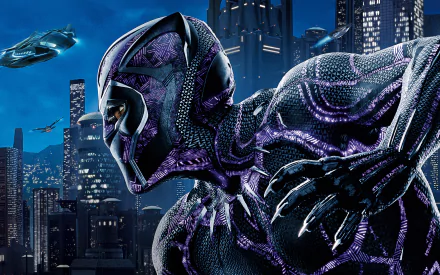 HD desktop wallpaper featuring Black Panther from the movie and Marvel Comics, with a cityscape background and futuristic elements.