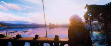 HD PC desktop wallpaper from the fantasy video game The Witcher 3: Wild Hunt - Blood and Wine, featuring a character overlooking a serene waterfront at sunset.