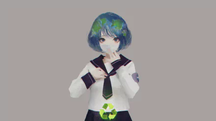 An HD desktop wallpaper featuring Earth-Chan, an anime character with blue eyes and Earth-themed hair, in a school uniform with a recycling symbol on her skirt.