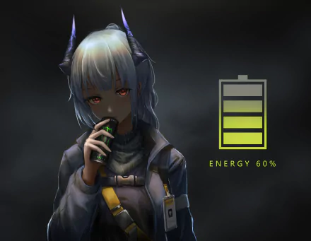 HD PC desktop wallpaper from the video game Arknights featuring a character with horns and silver hair, holding a drink, with an energy bar displaying 60%.