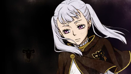 HD desktop wallpaper featuring Noelle Silva from the anime Black Clover. The image displays Noelle with a somber expression, in a Black Bull robe, set against a dark background with the Black Bull emblem.