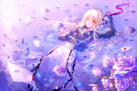 HD desktop wallpaper featuring the anime character Violet Evergarden, depicted lying in a pool of water with floating roses and letters around her, creating a dreamy and serene scene.