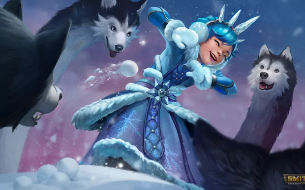 Cila from the video game Smite in a 4K Ultra HD PC wallpaper, dressed in icy blue attire, playfully surrounded by wolves in a snowy landscape.