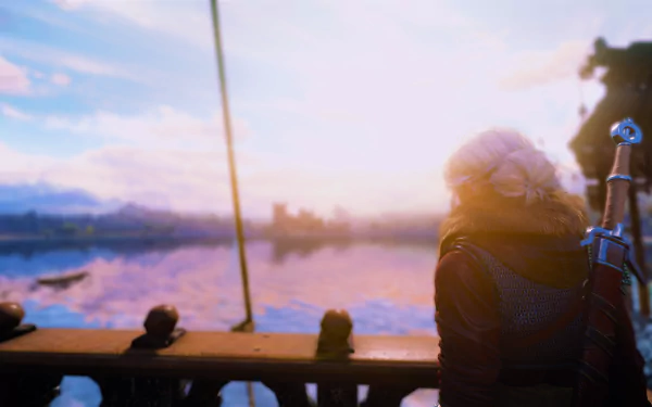 HD PC desktop wallpaper from the fantasy video game The Witcher 3: Wild Hunt - Blood and Wine, featuring a character overlooking a serene waterfront at sunset.