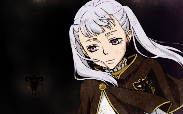 HD desktop wallpaper featuring Noelle Silva from the anime Black Clover. The image displays Noelle with a somber expression, in a Black Bull robe, set against a dark background with the Black Bull emblem.