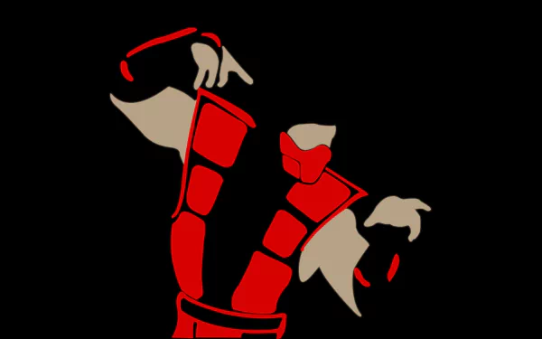 Minimalist HD PC wallpaper featuring Ermac from Mortal Kombat in a red ninja mask and armor, blending simple shapes with bold colors for a striking gaming background.