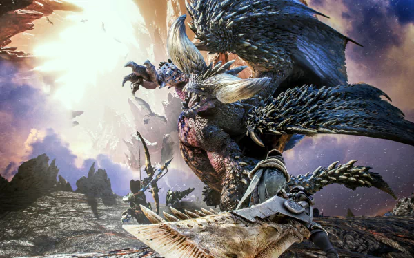 HD desktop wallpaper of Nergigante from Monster Hunter: World, showcasing the fierce dragon-like creature under a dramatic sky. Tagged with Nergigante, video game, and Monster Hunter: World.
