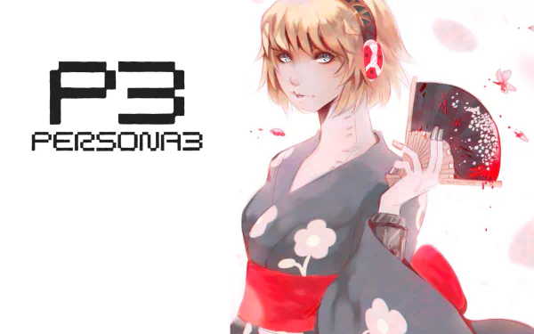 Aigis from Persona 3 in a traditional kimono holding a fan, featured in an 8K Ultra HD PC desktop wallpaper for the Persona video game series.