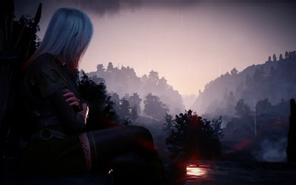 HD PC desktop wallpaper from the video game Black Desert Online, featuring a character with silver hair overlooking a misty forest at dawn.