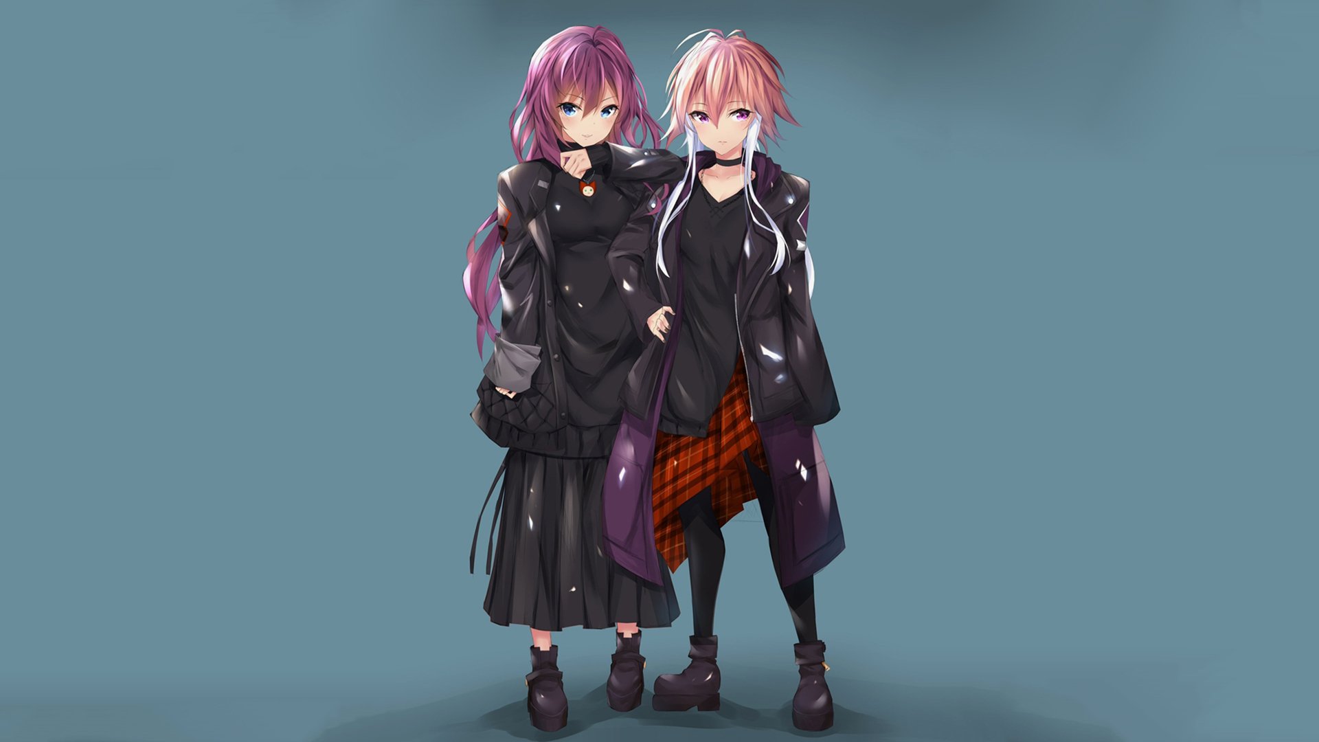 HD PC wallpaper of Asuka Ninomiya and Shiki Ichinose (The iDOLM@STER Cinderella Girls): two anime idols in dark coats standing close against a muted teal background.