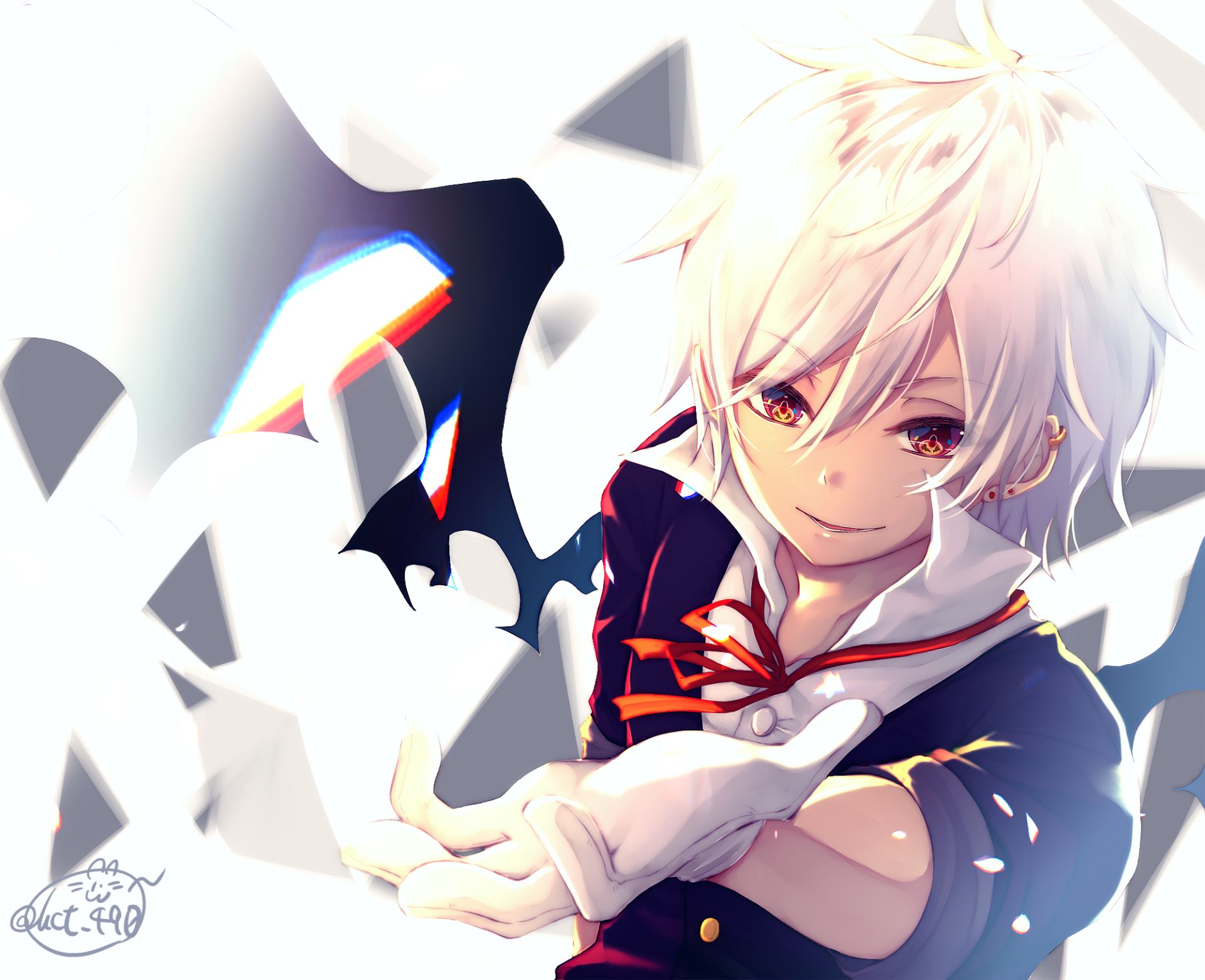 HD desktop wallpaper featuring an original anime character with white hair and golden eyes, reaching out amidst an abstract, light-filled background.