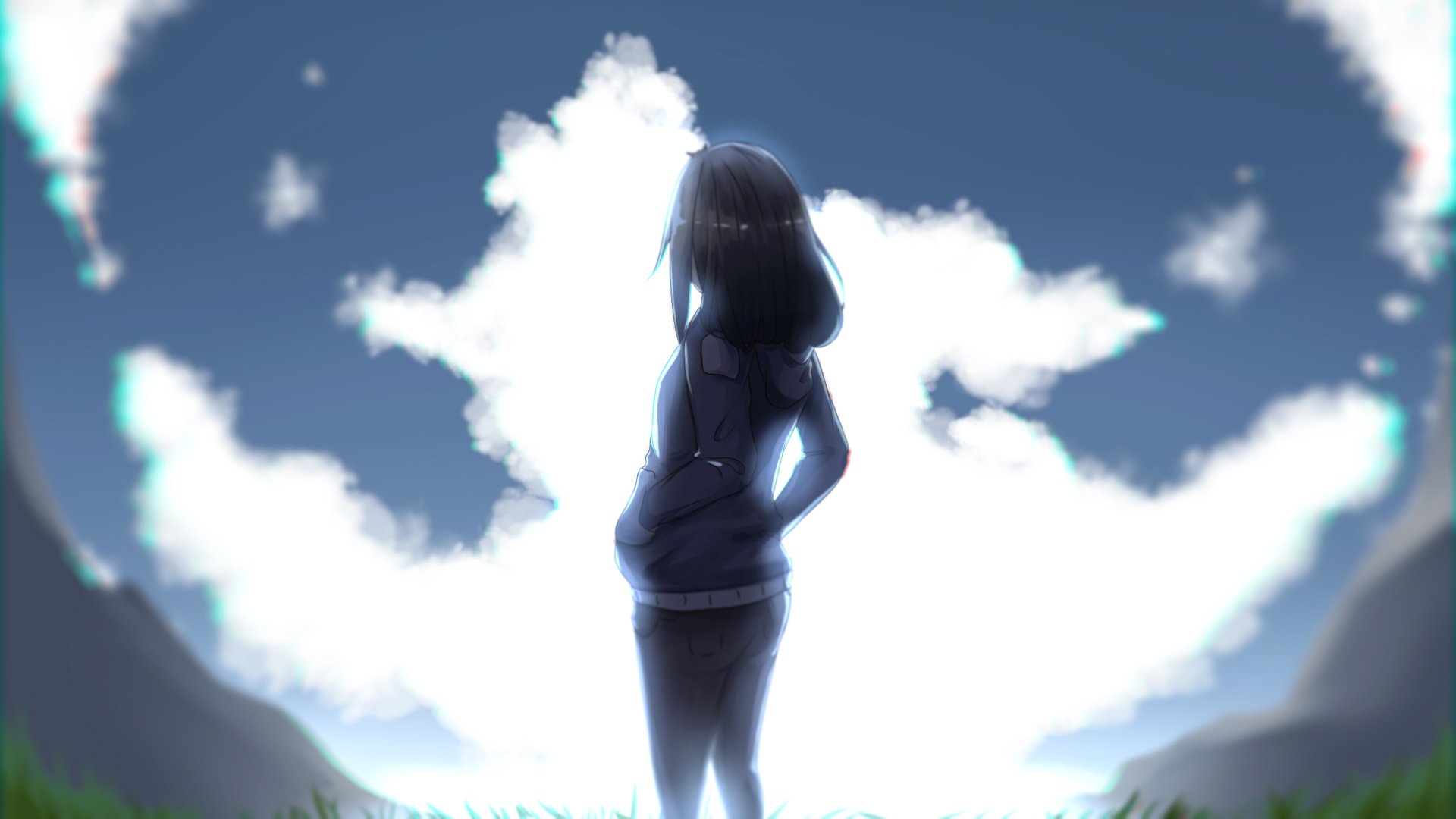 HD anime-style original artwork of a silhouetted girl standing against a bright sky with clouds, designed as a PC desktop wallpaper background.